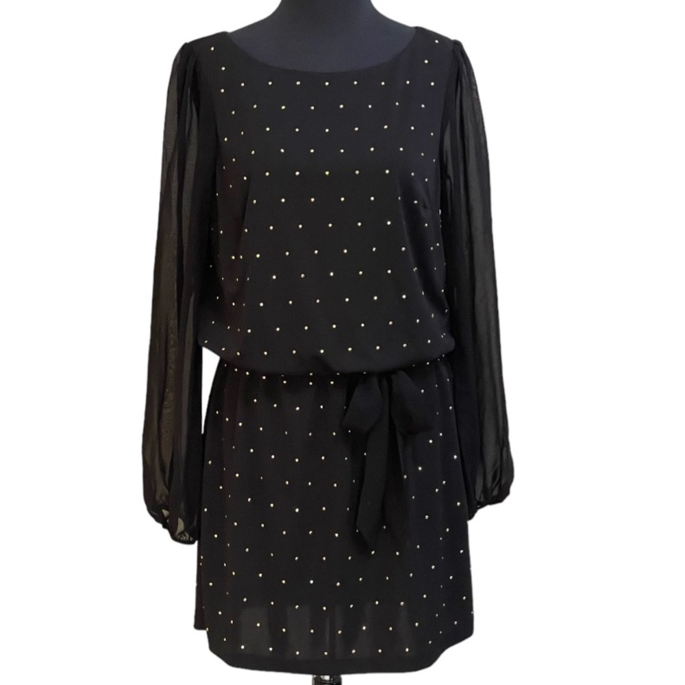 White House Black Market Black Mini Dress Sz 8 Gold Beads Studs Sheer Sleeves